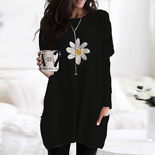 

Women's T Shirt Dress Tee Dress Short Mini Dress Black Yellow Beige Long Sleeve Floral Print Color Block Print Fall Spring Round Neck Casual 2021 S M L XL XXL 3XL