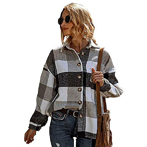 

Womens Classic Plaid Long Sleeve Lapel Button Wool Blend Short Coat Shacket(Grey-M)