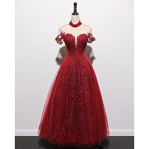 

A-Line Beautiful Back Luxurious Engagement Formal Evening Dress High Neck Short Sleeve Floor Length Tulle with Beading Embroidery 2021