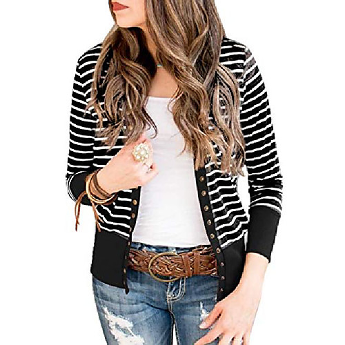 

Women's Striped Solid Color Cardigan Long Sleeve Sweater Cardigans Open Front Fall Spring ArmyGreen Black Blue