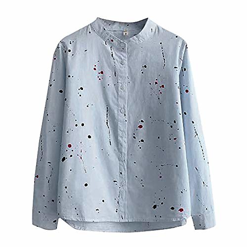 

Women Fashion Long Sleeve Print Button Korean Shirt Casual Loose Blouse Summer Tops T Shirts Blue