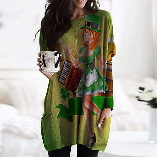 

Women's Shift Dress Short Mini Dress Green Long Sleeve Print Color Block Print Fall Spring Round Neck Casual 2021 S M L XL XXL 3XL