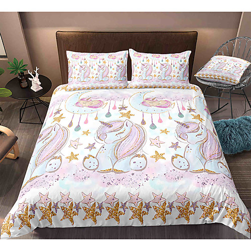 

Cartoon Unicorn 3-Piece Duvet Cover Set Hotel Bedding Sets Comforter Cover with Soft Lightweight Microfiber, Include 1 Duvet Cover, 2 Pillowcases for Double/Queen/King(1 Pillowcase for Twin/Single)
