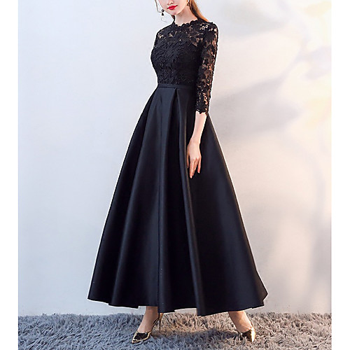 

A-Line Mother of the Bride Dress Elegant Jewel Neck Ankle Length Lace Satin 3/4 Length Sleeve with Lace Appliques 2021