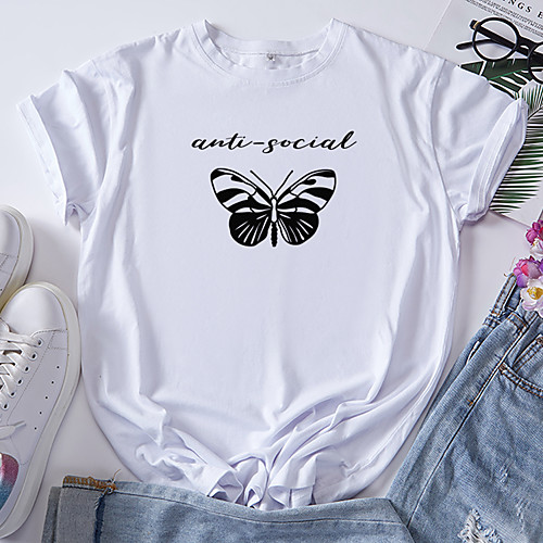 

Women's T shirt Graphic Butterfly Print Round Neck Tops 100% Cotton Basic Basic Top White Blue Red