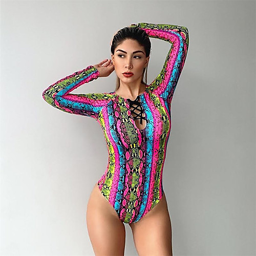 

Women's One Piece Swimsuit Rash Guard Elastane Swimwear Bodysuit Breathable Quick Dry Long Sleeve Drawstring - Swimming Surfing Water Sports Painting Autumn / Fall Spring Summer
