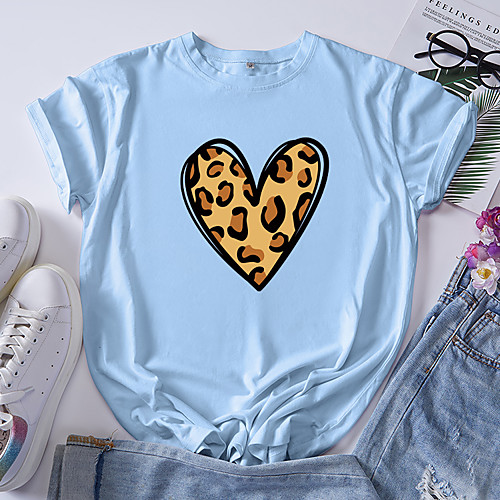 

Women's T shirt Graphic Heart Leopard Print Round Neck Tops 100% Cotton Basic Basic Top White Black Blue