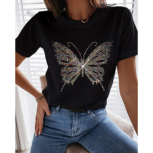 

Women's T shirt Graphic Butterfly Print Round Neck Tops Basic Basic Top White Black