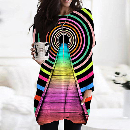 

Women's Shift Dress Short Mini Dress Black Blue Navy Blue Gray Long Sleeve Rainbow Color Block Geometric Print Fall Spring Round Neck Casual 2021 S M L XL XXL 3XL