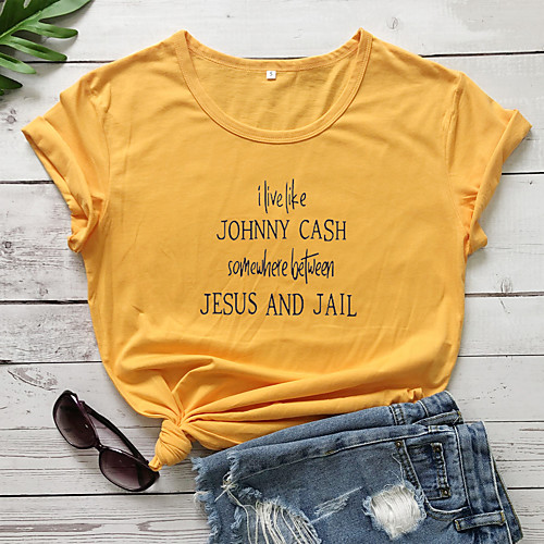 

Women's T shirt Text Letter Print Round Neck Tops 100% Cotton Basic Basic Top White Black Purple