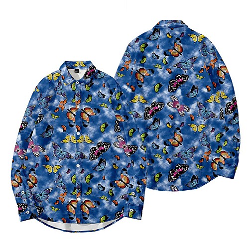 

Men's Shirt 3D Print Butterfly Animal Button-Down 3D Print Long Sleeve Daily Tops Casual Fashion Hawaiian White Blue