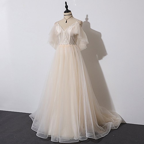 

A-Line Beautiful Back Elegant Engagement Formal Evening Dress Spaghetti Strap Half Sleeve Court Train Tulle with Pleats Ruffles 2021
