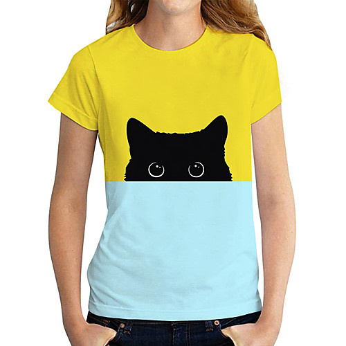

Women's T shirt Cat Graphic 3D Print Round Neck Tops Basic Basic Top Yellow