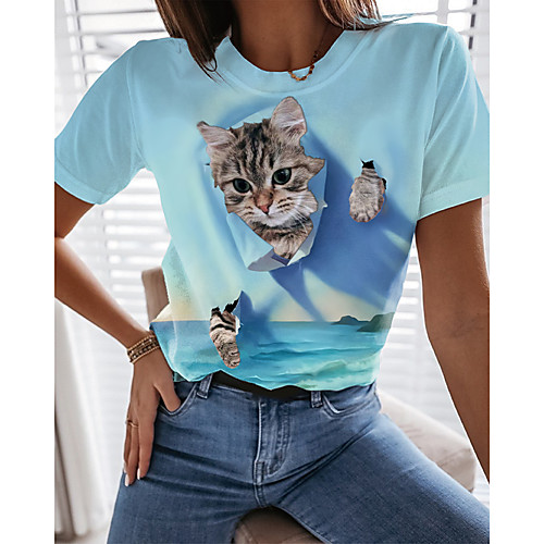 

Women's 3D Cat T shirt Cat Graphic 3D Print Round Neck Tops Basic Basic Top Blue