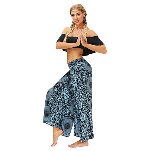 

Women's Yoga Pants Wide Leg High Split Bottoms Breathable Quick Dry Bohemian Blue Yoga Fitness Gym Workout Sports Activewear / Casual / Athleisure