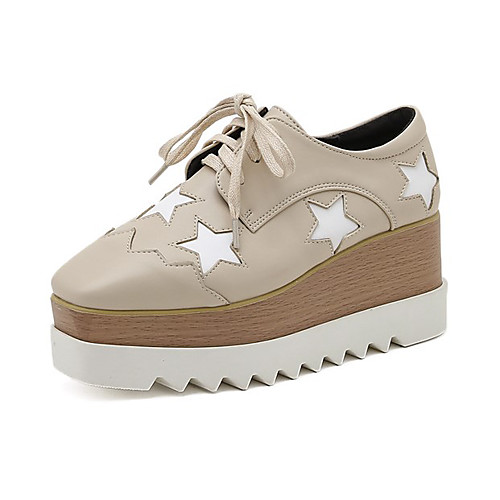 

Women's Heels Wedge Heel Square Toe Casual Daily Walking Shoes PU Sequin Lace-up Galaxy Almond White