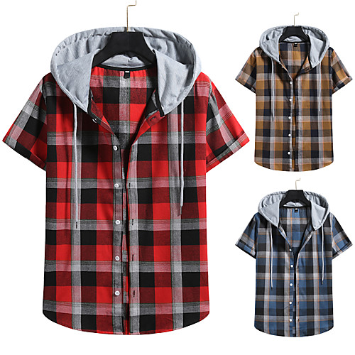 

Men's Shirt non-printing Lattice Color Block Plus Size Drawstring Short Sleeve Daily Tops Vintage Streetwear Blue Red Coffee