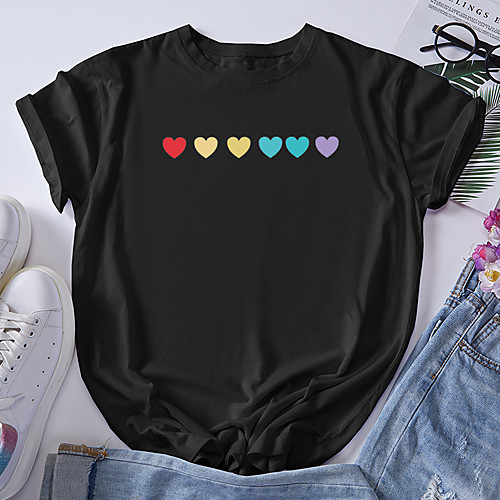 

Women's T shirt Graphic Heart Print Round Neck Tops 100% Cotton Basic Basic Top White Black Blue