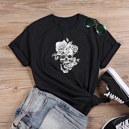 

Women's T shirt Floral Skull Letter Print Round Neck Tops 100% Cotton Basic Basic Top White Black Purple