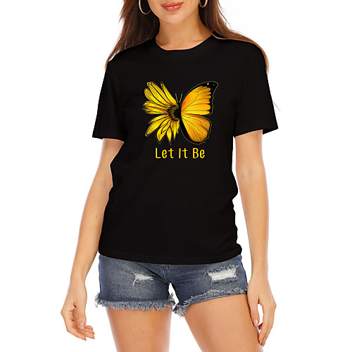 

Women's T shirt Graphic Butterfly Text Print Round Neck Tops 100% Cotton Basic Basic Top White Black