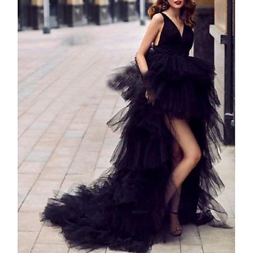 

Ball Gown Little Black Dress Empire Holiday Engagement Dress V Neck Sleeveless Asymmetrical Tulle with Tier 2021