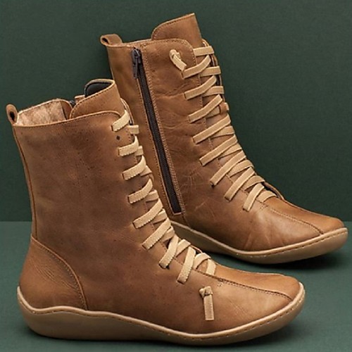 

Women's Boots Comfort Shoes Cowboy Western Boots Flat Heel Round Toe Mid Calf Boots Vintage British Daily PU Solid Colored Winter Black Red Green / Mid-Calf Boots