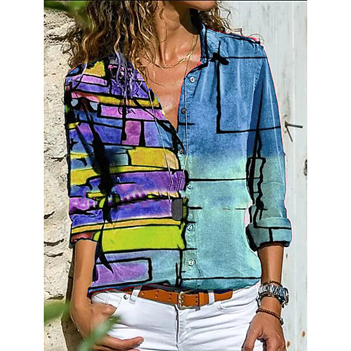 

Women's Blouse Shirt Color Gradient Color Block Long Sleeve Patchwork Print Shirt Collar Tops Streetwear Basic Top Blue Red Yellow
