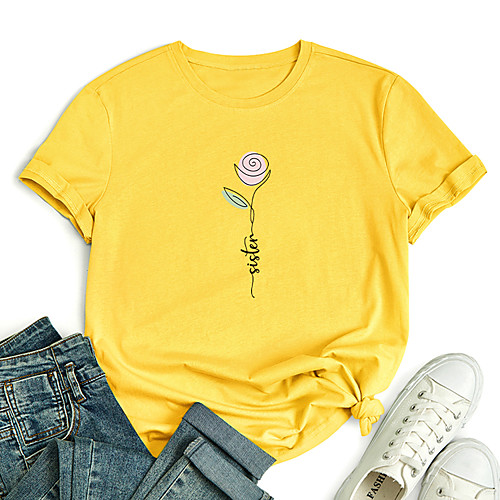 

Women's T shirt Graphic Flower Letter Print Round Neck Tops 100% Cotton Basic Basic Top White Blue Red