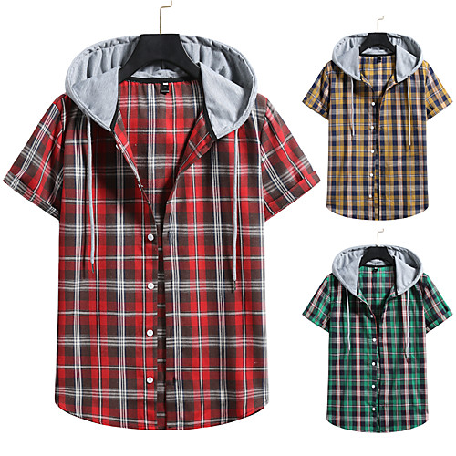 

Men's Shirt non-printing Lattice Color Block Plus Size Drawstring Short Sleeve Daily Tops Vintage Streetwear Red Yellow Green