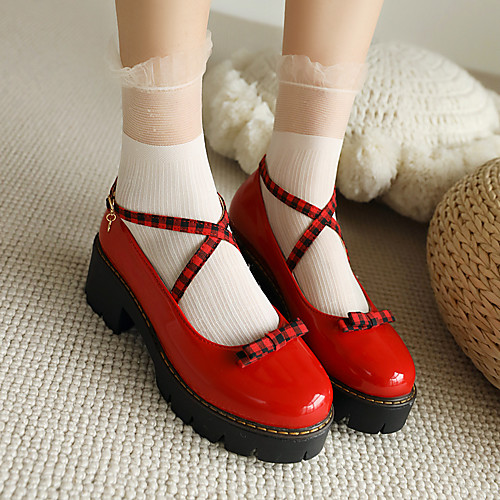 

Women's Heels Chunky Heel Round Toe Lolita Sweet Wedding Party & Evening Patent Leather Bowknot Buckle Color Block Black Red