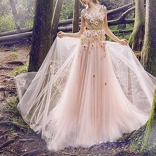 

A-Line Empire Floral Holiday Formal Evening Dress Spaghetti Strap Sleeveless Floor Length Tulle with Beading Appliques 2021