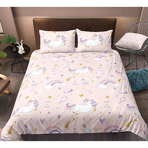 

Cartoon Unicorn 3-Piece Duvet Cover Set Hotel Bedding Sets Comforter Cover with Soft Lightweight Microfiber, Include 1 Duvet Cover, 2 Pillowcases for Double/Queen/King(1 Pillowcase for Twin/Single)