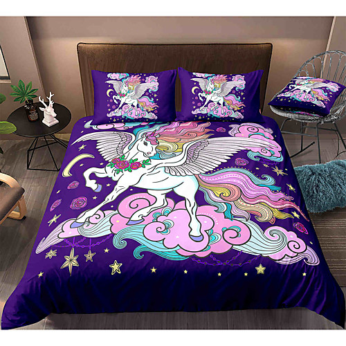 

Cartoon Unicorn 3-Piece Duvet Cover Set Hotel Bedding Sets Comforter Cover with Soft Lightweight Microfiber, Include 1 Duvet Cover, 2 Pillowcases for Double/Queen/King(1 Pillowcase for Twin/Single)