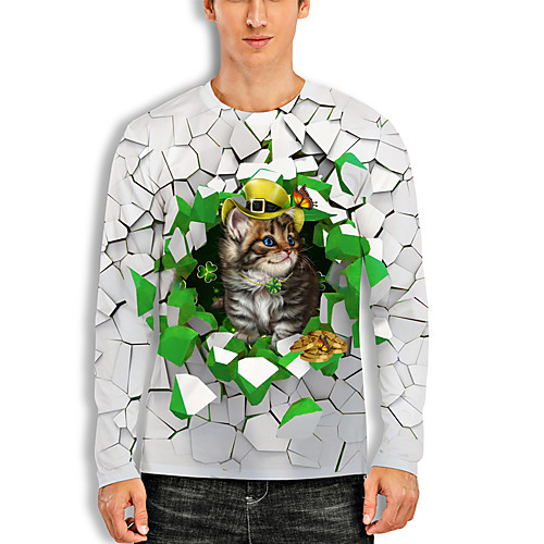 

Men's T shirt 3D Print Cat 3D Saint Patrick Day 3D Print Long Sleeve Daily Tops Casual Fashion Green / White