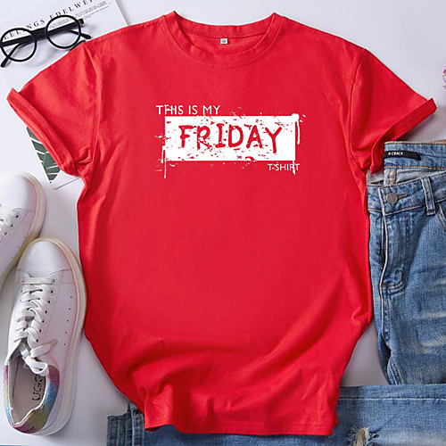 

Women's T shirt Graphic Text Print Round Neck Tops 100% Cotton Basic Basic Top Black Blue Red