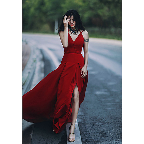 

A-Line Empire Minimalist Wedding Guest Formal Evening Dress V Neck Sleeveless Sweep / Brush Train Satin with Split 2021