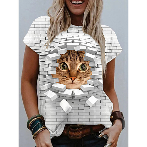 

Women's T shirt Cat Graphic 3D Print Round Neck Tops Basic Basic Top Gray