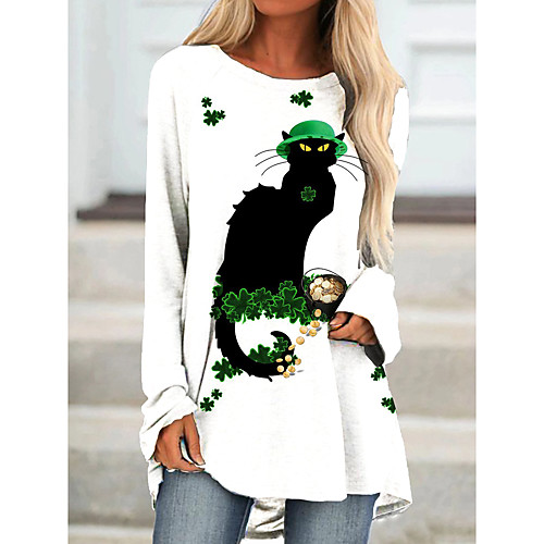 

Women's T Shirt Dress Tee Dress Short Mini Dress Long Sleeve Cat Color Block Animal Print Fall Spring Casual 2021 Black Green S M L XL XXL 3XL