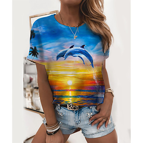 

Women's T shirt Graphic Scenery 3D Print Round Neck Tops Basic Beach Basic Top Blue