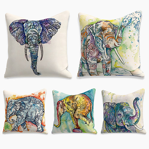

5 pcs Linen Pillow Cover, Animal Simple Casual Square Polyester Traditional Classic