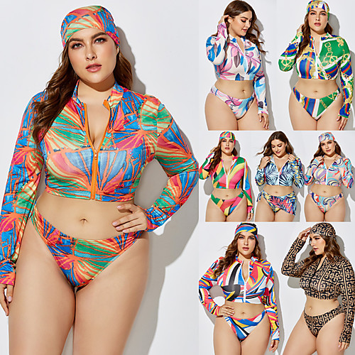 

Women's Rashguard Swimsuit Elastane Swimwear Breathable Quick Dry Long Sleeve 2 Piece Front Zip - Swimming Surfing Water Sports Painting Autumn / Fall Spring Summer / Plus Size