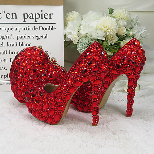 

Women's Wedding Shoes Pumps Round Toe Wedding Pumps Vintage Sexy Minimalism Wedding Party & Evening PU Rhinestone Crystal Sparkling Glitter Solid Colored Red