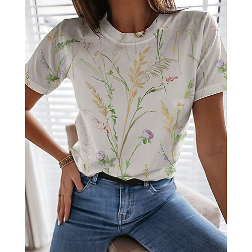 

Women's T shirt Plants Graphic Print Round Neck Tops Basic Basic Top White