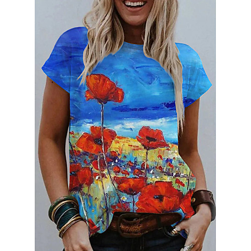 

Women's T shirt Graphic 3D Flower Print Round Neck Tops Basic Basic Top Blue