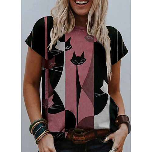 

Women's T shirt Cat Graphic Print Round Neck Tops Basic Basic Top Blushing Pink