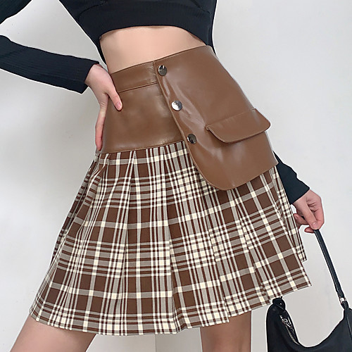 

Women's Going out Casual / Daily Streetwear Preppy Skirts Plaid Patchwork Print Brown