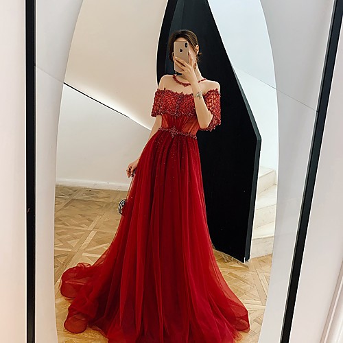 

A-Line Luxurious Sexy Engagement Formal Evening Dress Illusion Neck Half Sleeve Sweep / Brush Train Tulle with Crystals Beading Sequin 2021