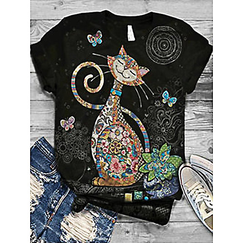 

Women's T shirt Cat Print Round Neck Tops Basic Basic Top Black
