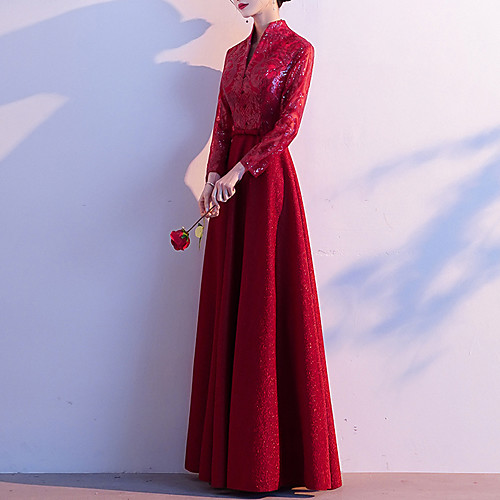 

A-Line Glittering Vintage Wedding Guest Formal Evening Dress V Neck Long Sleeve Floor Length Spandex with Buttons Sequin 2021