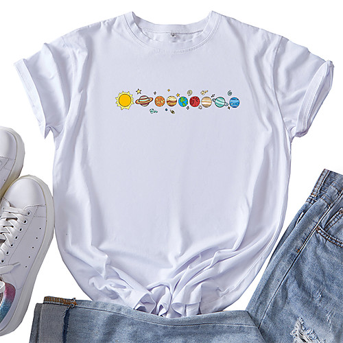 

Women's T shirt Graphic Cartoon Print Round Neck Tops 100% Cotton Basic Basic Top White Black Blue